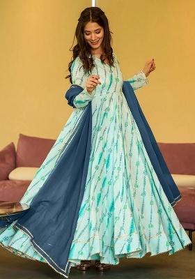 Green Printed Rayon Gown With Dupatta