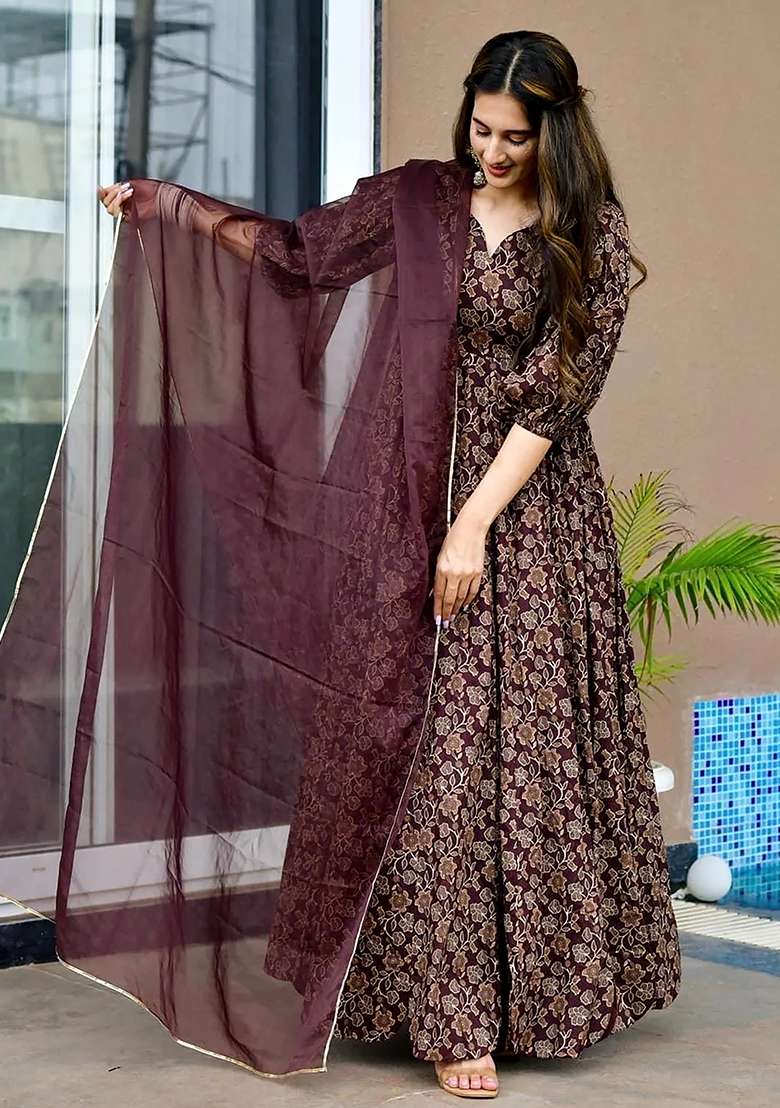Maroon Printed Rayon Gown With Dupatta - Indya