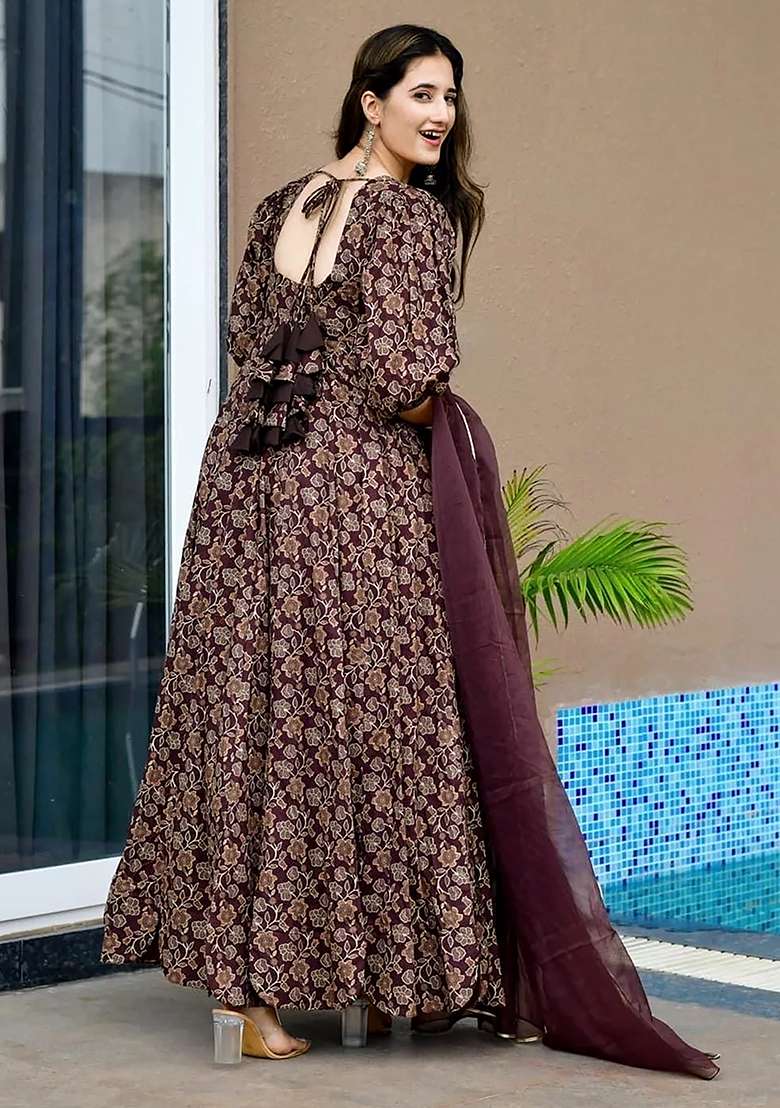 Maroon Printed Rayon Gown With Dupatta - Indya