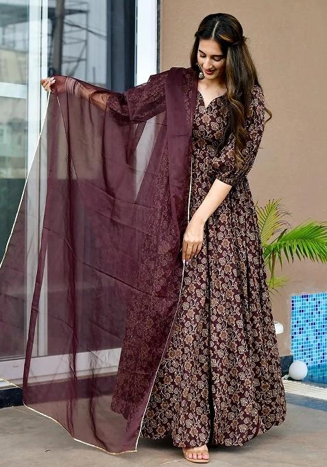 Maroon Printed Rayon Gown With Dupatta