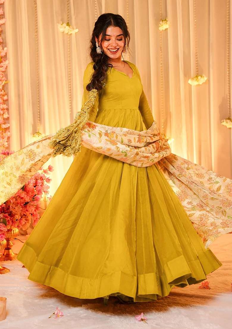 Yellow Solid Silk Gown With Dupatta - Indya