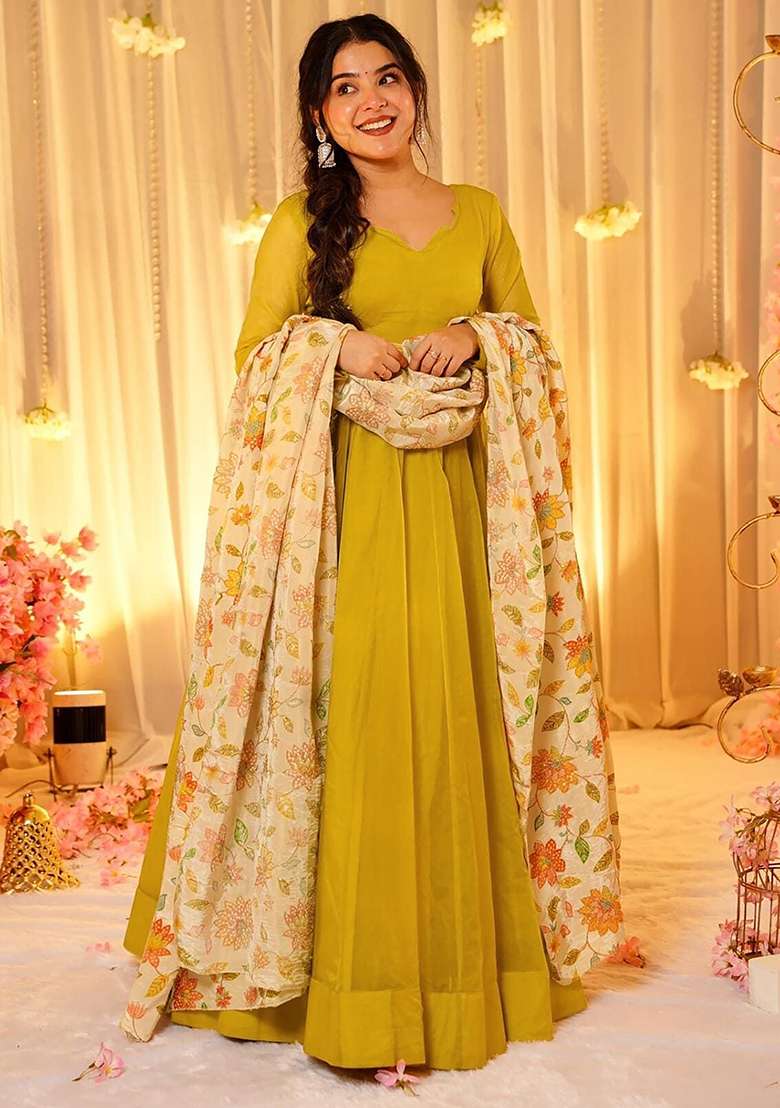Yellow Solid Silk Gown With Dupatta - Indya