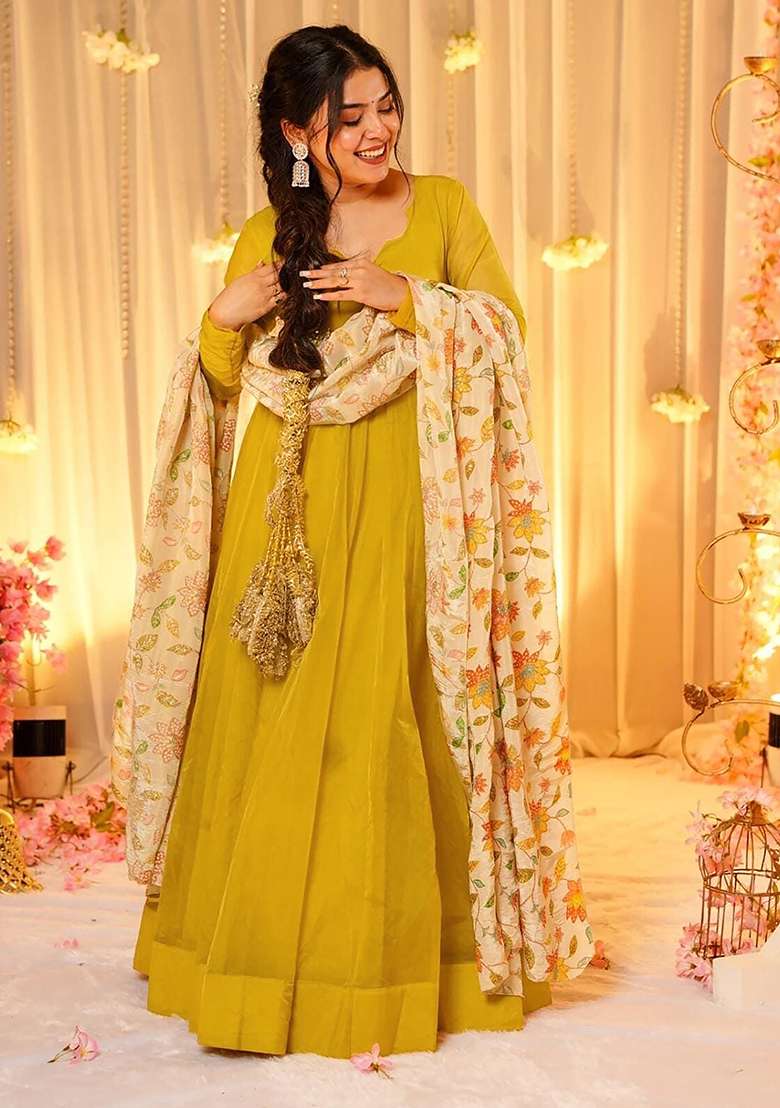 Yellow Solid Silk Gown With Dupatta - Indya