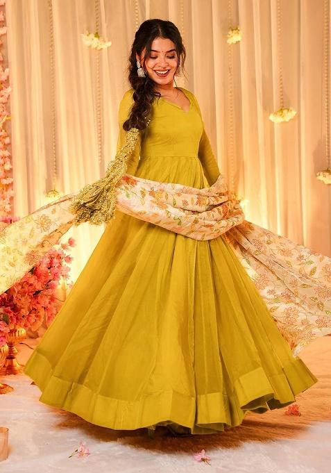 Yellow Solid Silk Gown With Dupatta