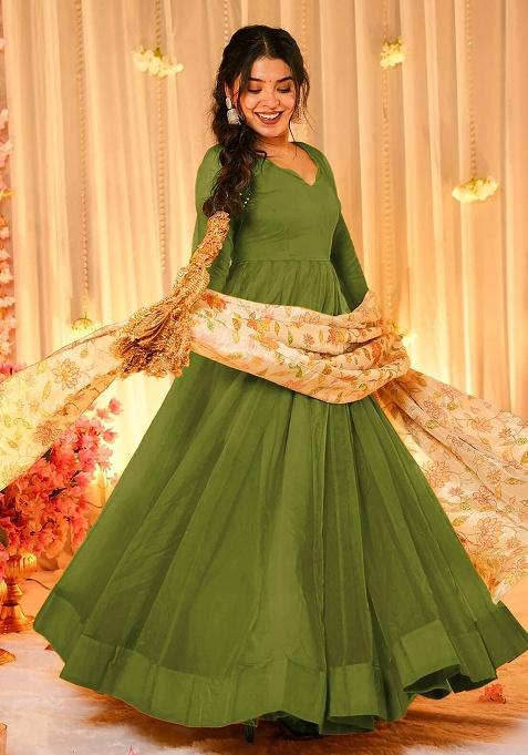 Green Solid Silk Gown With Dupatta