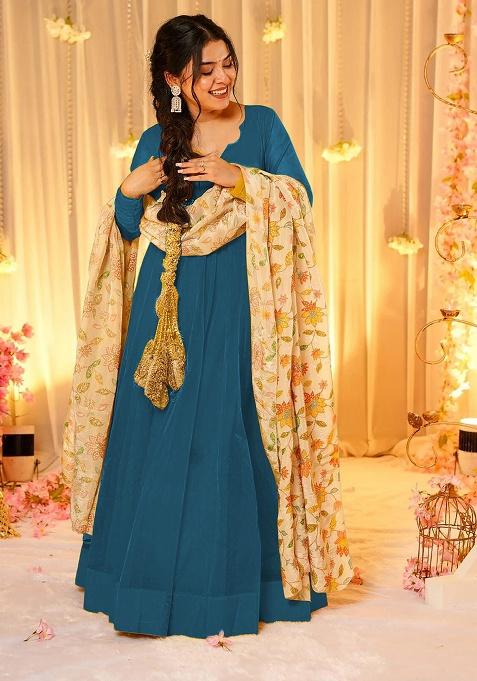 Navy Blue Solid Silk Gown With Dupatta