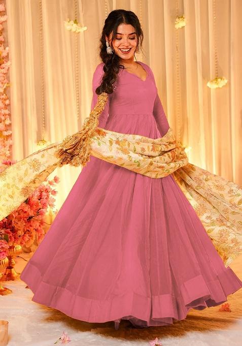 Baby Pink Solid Silk Gown With Dupatta