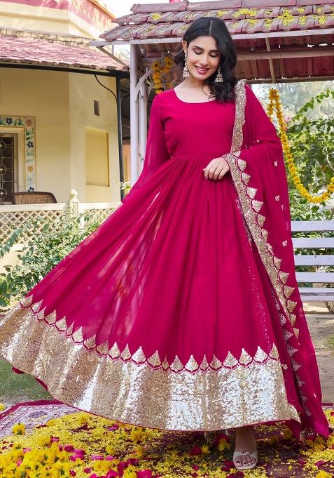 Pink Embroidery Georgette Gown With Dupatta