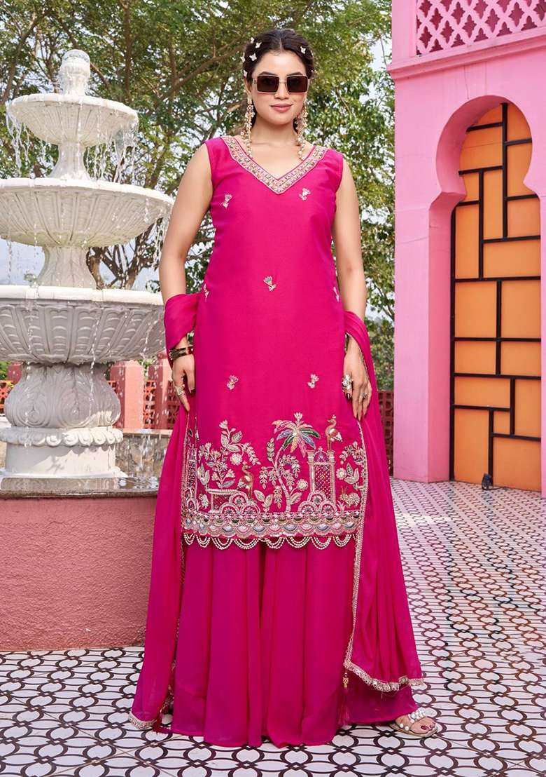 Pink Embroidery Georgette Anarkali Set - Indya