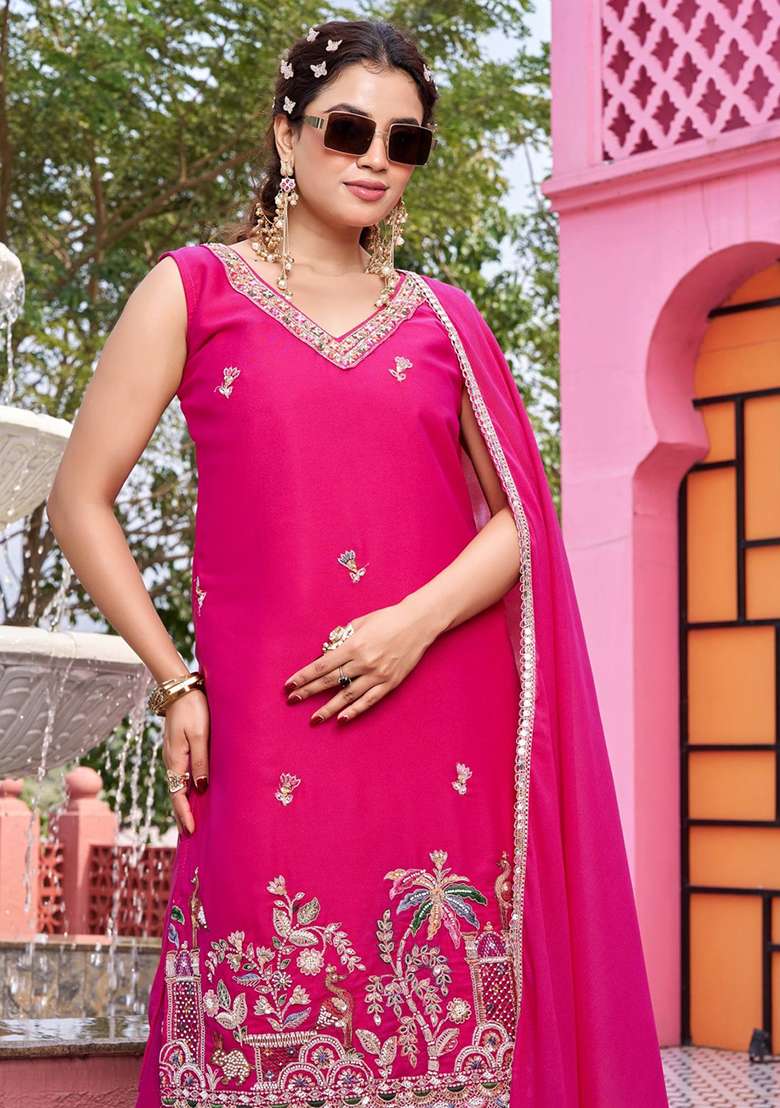 Pink Embroidery Georgette Anarkali Set - Indya
