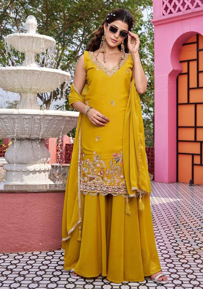 Yellow Embroidery Georgette Anarkali Set - Indya