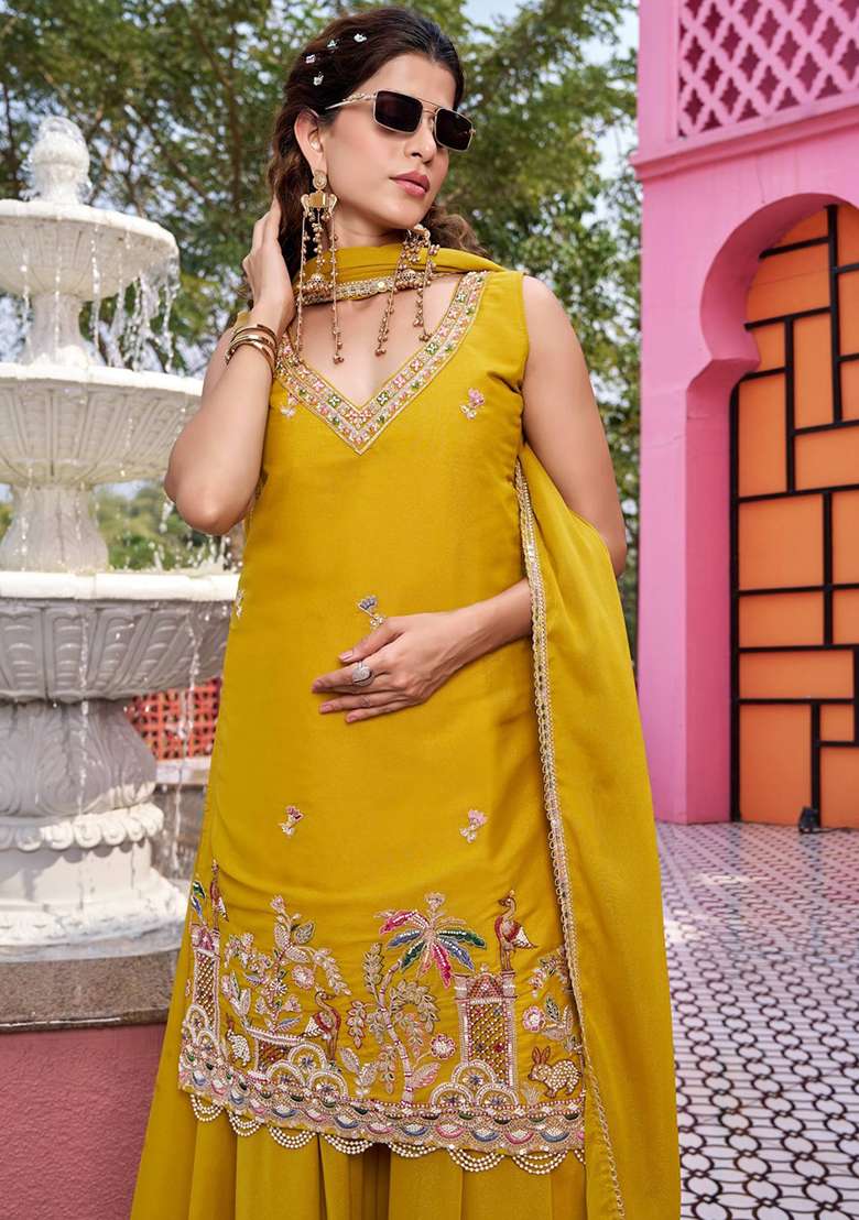 Yellow Embroidery Georgette Anarkali Set - Indya