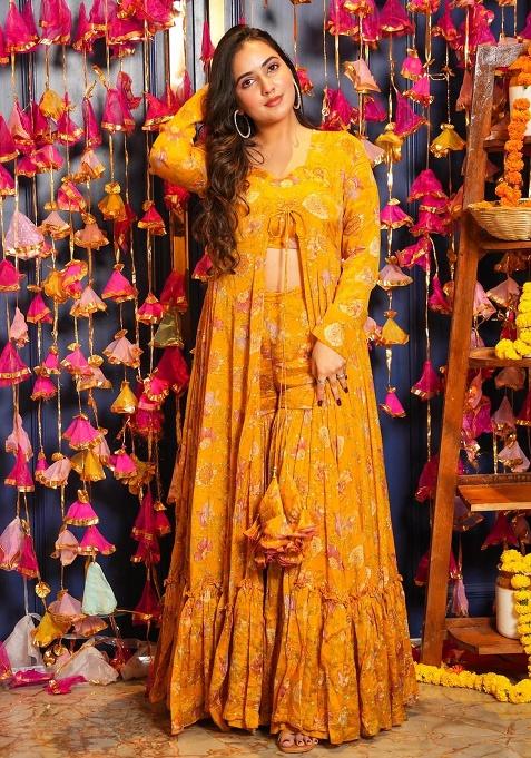 Yellow Printed Chinon Sharara Set