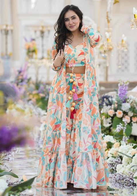 Cream Printed Chinon Sharara Set