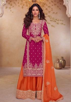 Rani Pink Embroidery Silk Kurta Set