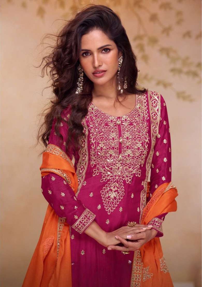 Rani Pink Embroidery Silk Blend Kurta Set - Indya