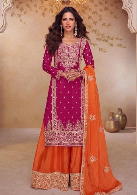 Rani Pink Embroidery Silk Kurta Set