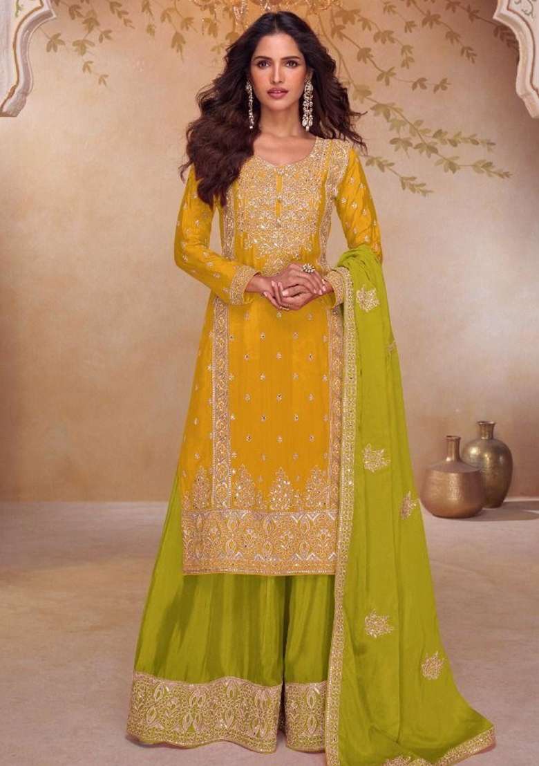 Yellow Embroidery Silk Blend Kurta Set - Indya