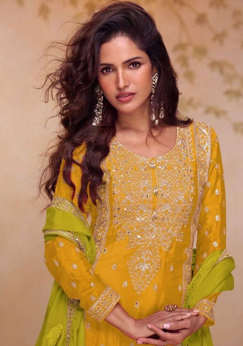 Yellow Embroidery Silk Blend Kurta Set - Indya