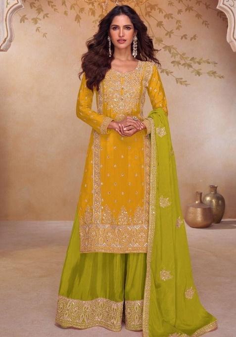 Yellow Embroidery Silk Kurta Set