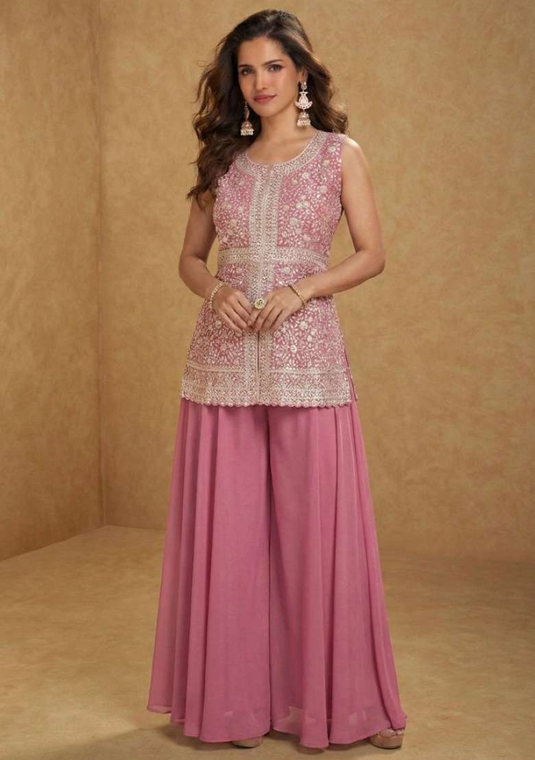 Pink Embroidery Georgette Kurta Set - Indya
