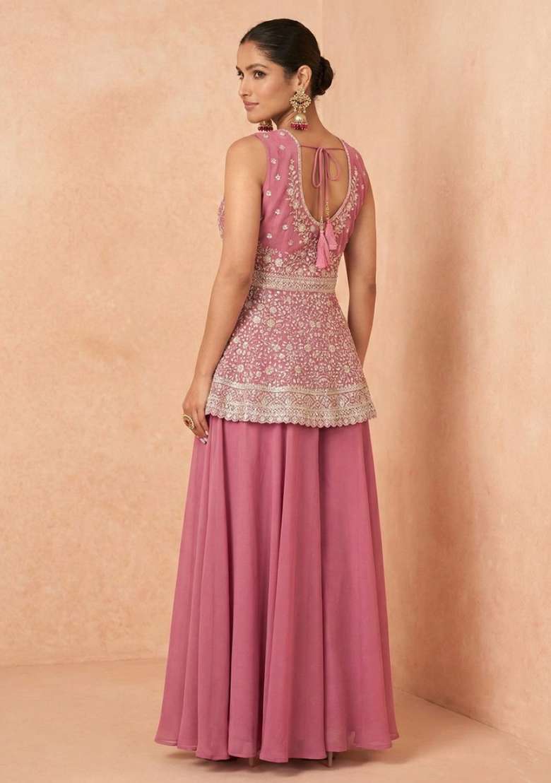 Pink Embroidery Georgette Kurta Set - Indya