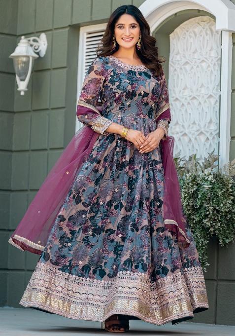 Grey Embroidery Silk Kurta With Dupatta