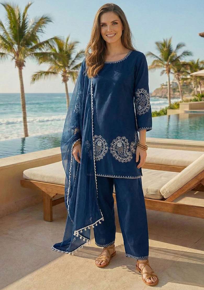Navy Blue Embroidery Crepe Kurta Set - Indya