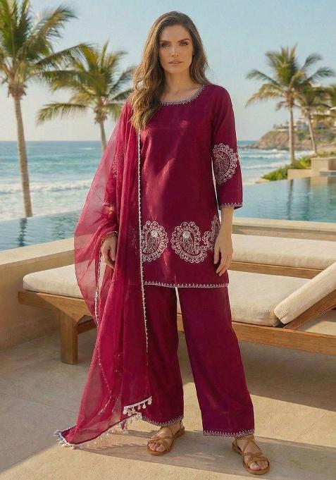 Maroon Embroidery Crepe Kurta Set
