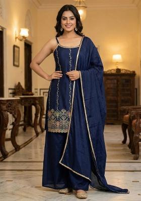 Blue Embroidery Chinon Kurta Set