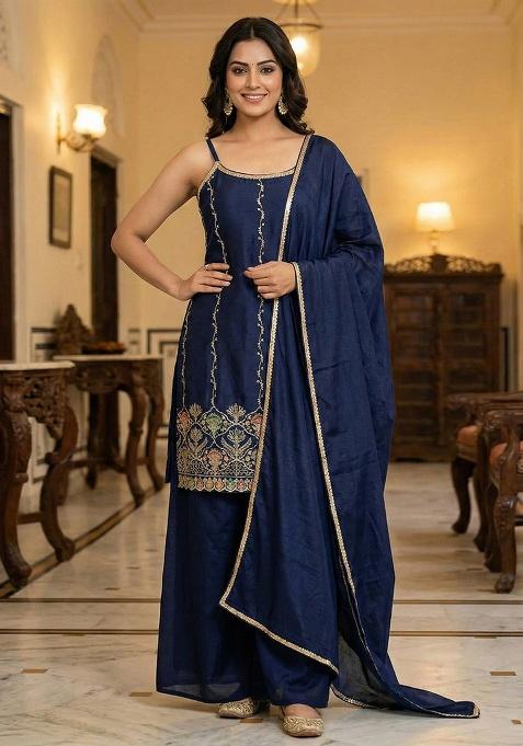 Blue Embroidery Chinon Kurta Set