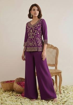Wine Embroidery Vichitra Kurta
