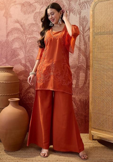 Orange Embroidery Organza Kurta