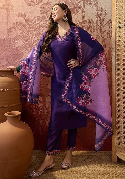 Purple Embroidery Silk Kurta Set
