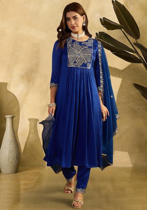 Royal Blue Embroidery Vichitra Kurta Set