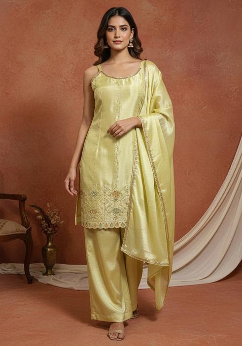 Lime Green Embroidery Chinon Kurta Set