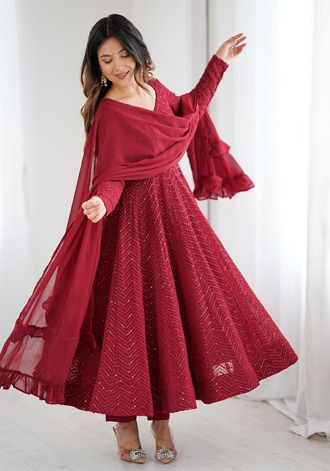 Maroon Sequins Georgette Kurta Set