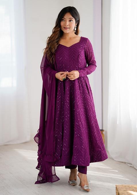 Wine Sequins Georgette Kurta Set