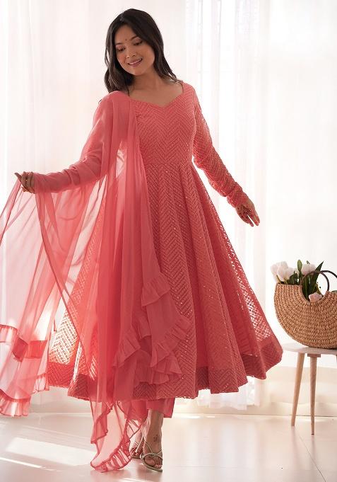 Peach Sequins Georgette Kurta Set