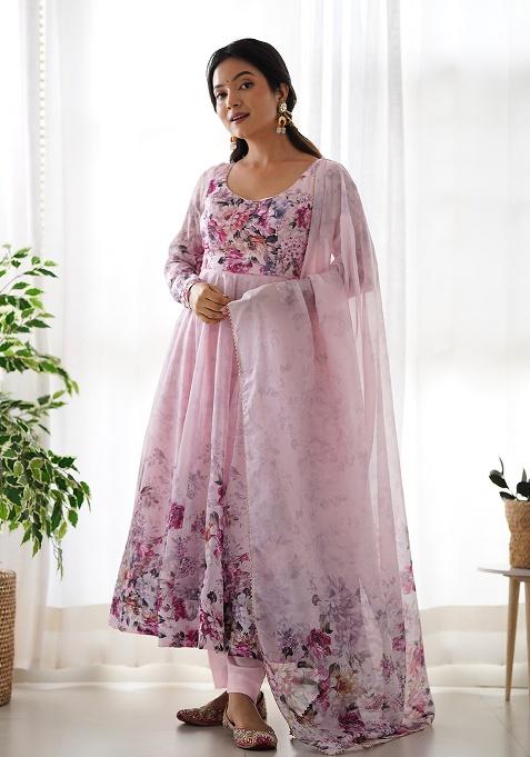 Pink Sequins Organza Kurta Set