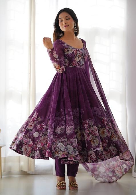 Wine Sequins Organza Kurta Set