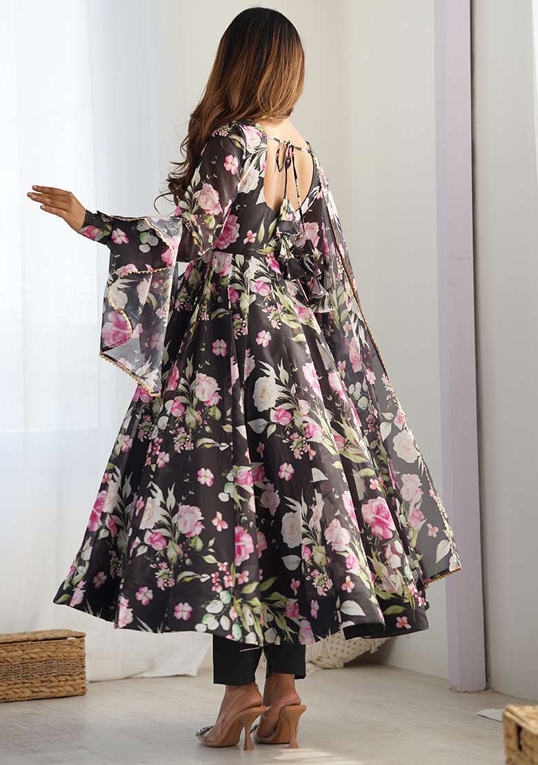 Black Sequins Organza Kurta Set - Indya