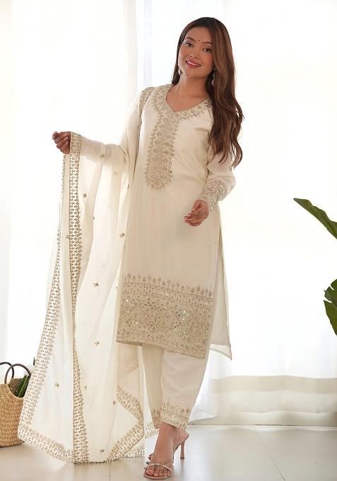 White Sequins Silk Kurta Set