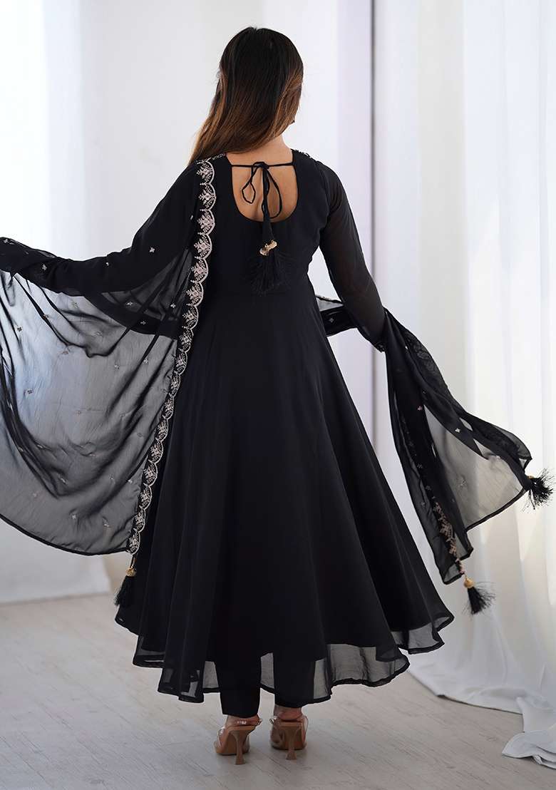 Black Sequins Georgette Kurta Set - Indya