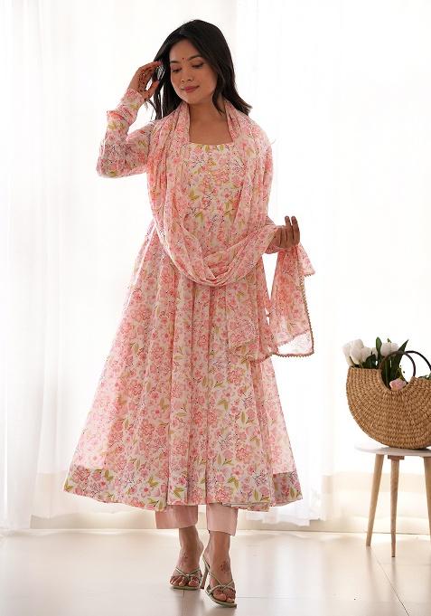 Peach Sequins Organza Kurta Set