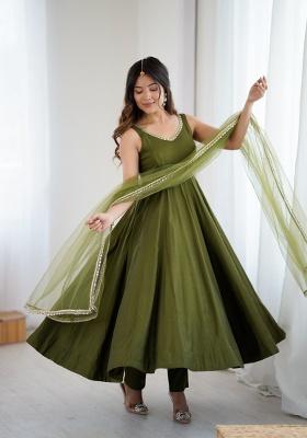 formal light green dress Floral Print Organza Three Piece Light Green Anarkali Suit Set main image 1