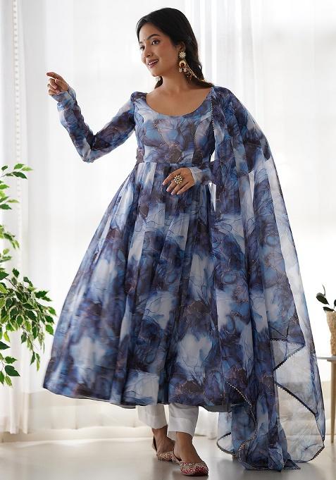 Navy Blue Sequins Organza Kurta Set