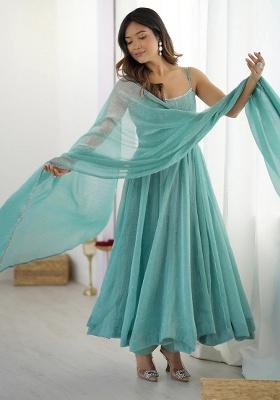 Sky Blue Sequins Silk Blend Kurta Set