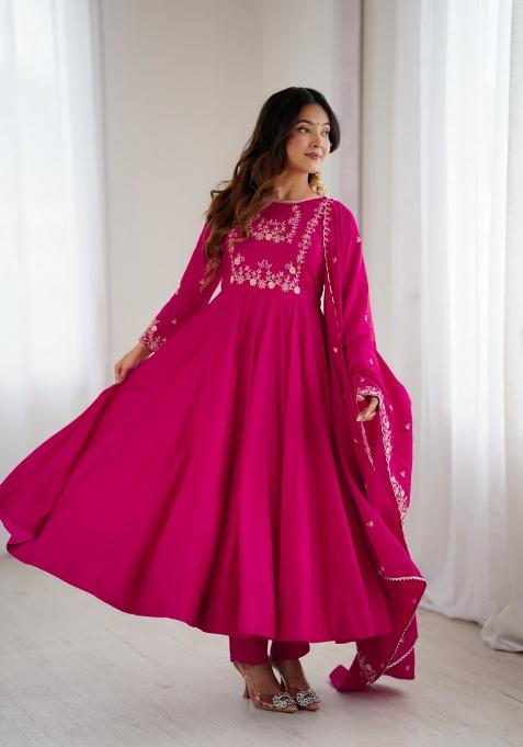 Dark Pink Sequins Chanderi Kurta Set