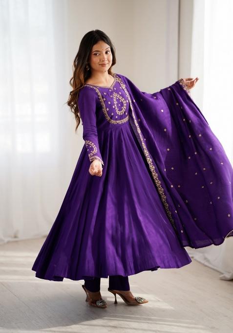 Purple Sequins Chanderi Kurta Set